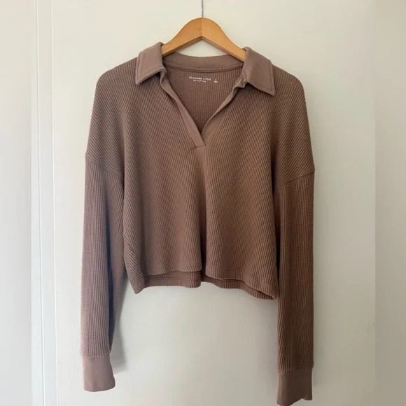 Abercrombie & Fitch Waffle Knit Long-Sleeve Top in Dusty Brown - Picture 1 of 3
